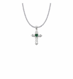 1-1/16 Inch Sterling Silver Claddagh with Green CZ Stone Center Cross Necklace