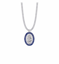 1-1/16 Inch Sterling Silver Oval with Blue Enameled Border St. Christopher Medal, Patron Saint of Travelers