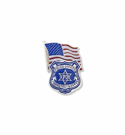 1-1/16 x 3/4 Inch Silver Enameled Police Officer Badge and American Flag Lapel Pin