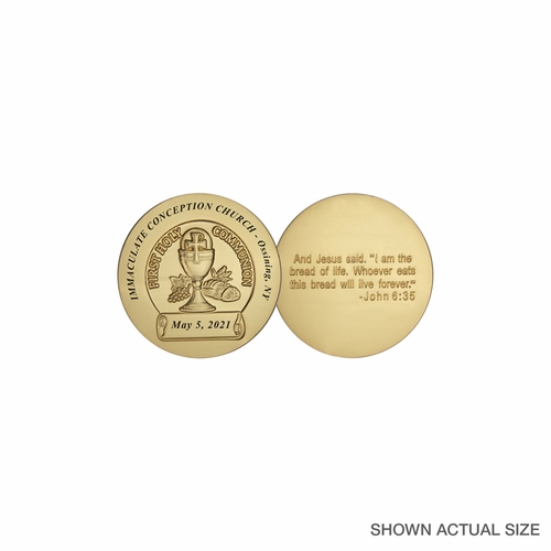 1-1/2 Inch Gold Plated Die Struck First Communion Coin with Imprinting