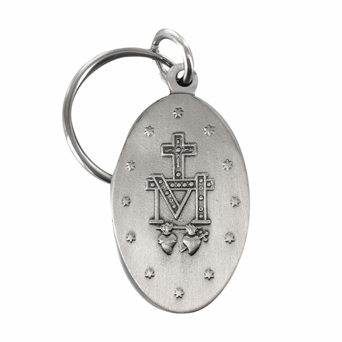 1-1/2 Inch Oval Antique Fine Pewter Miraculous Key Chain
