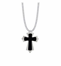 1-1/2 Inch Steel Budded Ends with Black Enameled Inner Cross on Cross Necklace