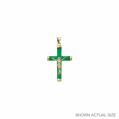 1-1/4 Inch 14KT Gold Genuine Jade with Gold Ends Crucifix Pendant