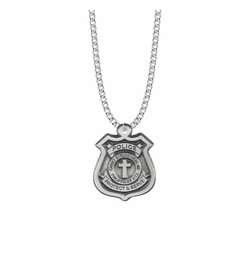 1-1/4 Inch Pewter Police Shield Medal with Cross and Philippians 4:13 on Back
