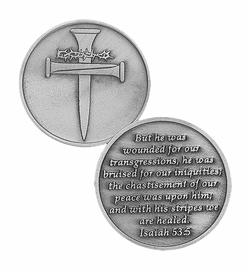 1-1/4 x 1-1/4 Inch Round Fine Pewter Crucifix-Crown-Isaiah 53:5 Inspirational Pocket Token