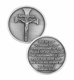 1-1/4 x 1-1/4 Inch Round Fine Pewter Crucifix-Isaiah 53:5 Inspirational Pocket Token