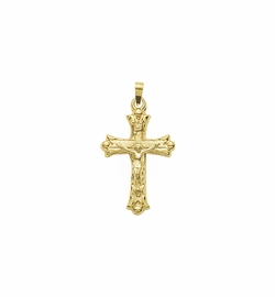 1-1/8 Inch 14KT Gold Budded Ends with Etched Detailing Crucifix Pendant