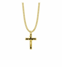 1-1/8 Inch 14KT Gold Plated Over Sterling Silver Black Enamel Crucifix Necklace