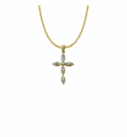1-1/8 Inch 14KT Gold Plated Over Sterling Silver Pointed Oval Ends Cross Necklace with Opal Stones