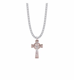 1-1/8 Inch Rose Gold Plated Over Sterling Silver Two-Tone Celtic Crucifix Necklace