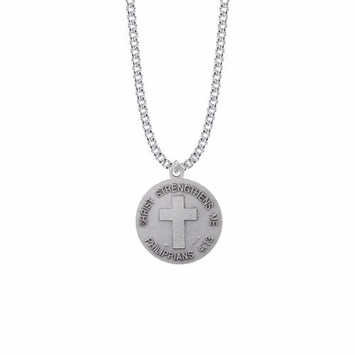 1-1/8 Inch Round Sterling Silver U.S. Army Medal with Cross and Philippians 4:13 on the Back