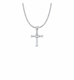 1-1/8 Inch Sterling Silver Dove on Crystal Baguette Cross Necklace