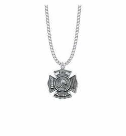 1-1/8 Inch Sterling Silver Fire Fighter Shield Medal with Cross and Philippians 4:13 on Back