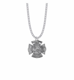 1-1/8 Inch Sterling Silver Firefighter Shield Medal with St. Florian on Back, Patron Saint of Firefighters