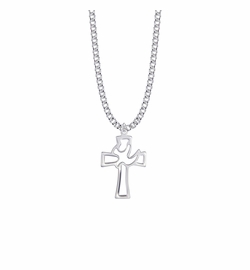 1-1/8 Inch Sterling Silver Pierced Outline Dove and Cross Necklace