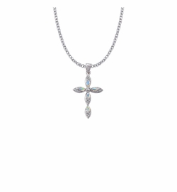 1-1/8 Inch Sterling Silver Pointed Oval Ends Cross Necklace with Opal Stones