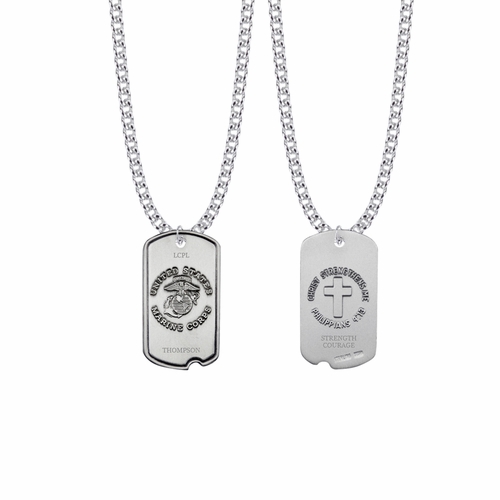1-1/8 Inch Sterling Silver U.S. Marine Corps Dog Tag with Cross and Philippians 4:13 on Back