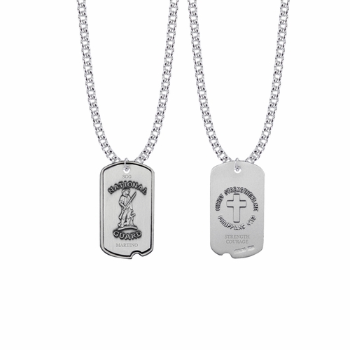 1-1/8 Inch Sterling Silver U.S. National Guard Dog Tag with Cross and Philippians 4:13 on Back