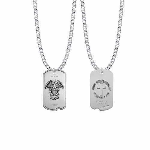1-1/8 Inch Sterling Silver U.S. Navy Dog Tag with Cross and Philippians 4:13 on Back