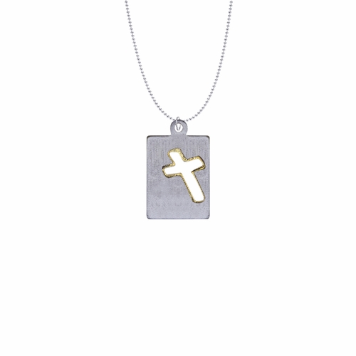 1-1/8 Inch Two-Tone Pewter Cross Dog Tag Necklace