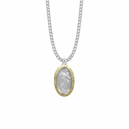 1-1/8 Inch Two-Tone Sterling Silver Oval St. Christopher Medal, Patron Saint of Travelers