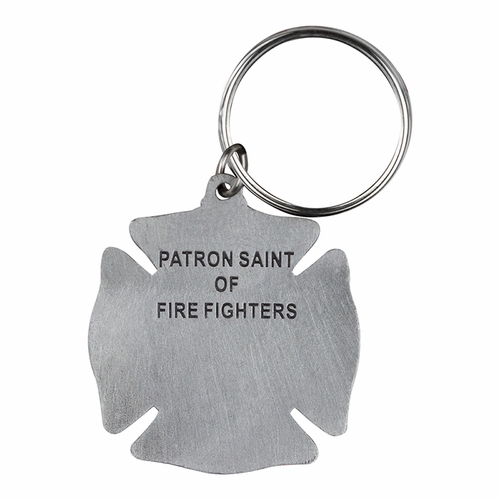 1-3/4 x 1-1/2 Inch Fine Pewter St. Florian, Patron Saint of Fire Fighters Maltese Cross Key Chain