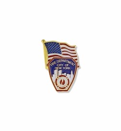 1-1/8 x 3/4 Inch Gold Enameled City of New York Fire Department Shield and American Flag Lapel Pin
