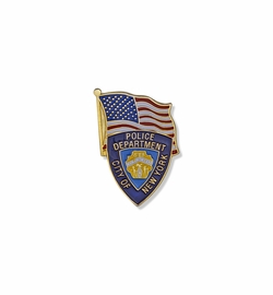 1-1/8 x 3/4 Inch Gold Enameled City of New York Police Department Shield and American Flag Lapel Pin