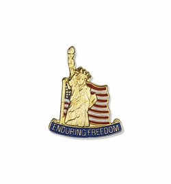 1-1/8 x 7/8 Inch Gold Enameled Statue of Liberty with American Flag "Enduring Freedom" Lapel Pin