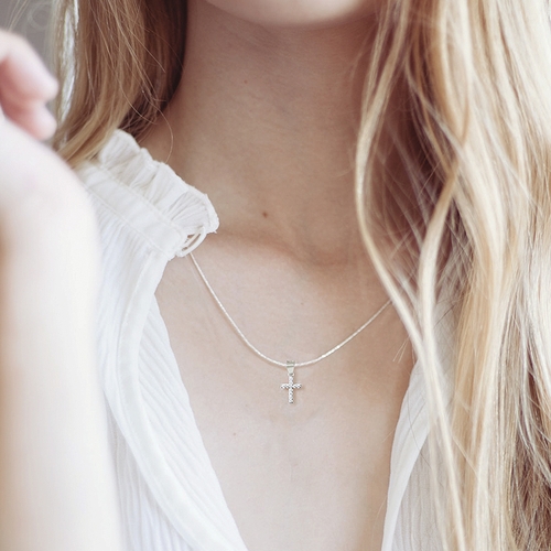 1/2 Inch Sterling Silver Cross Necklace with Cubic Zirconia Stones