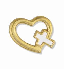 1/2 x 5/8 Open Gold Heart with Enameled Cross Lapel Pin