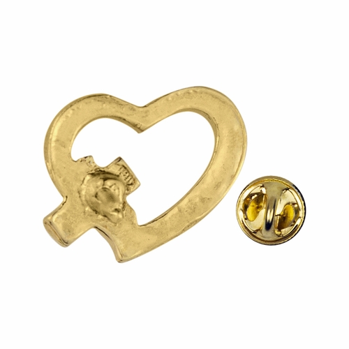 1/2 x 5/8 Open Gold Heart with Enameled Cross Lapel Pin