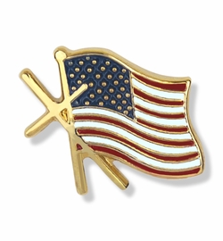 1/2 x 9/16 Inch Gold Enameled American Flag with Cross Lapel Pin