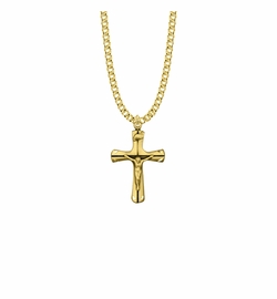 1-3/16 Inch 14KT Gold Plated Over Sterling Silver Flared and Engraved Crucifix Necklace