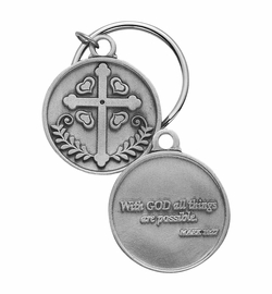 1-3/16 x 1-3/16 Inch Round Fine Pewter Cross Key Chain