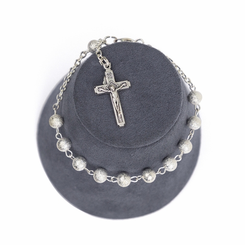 1-3/4 Inch Silver Glitter Frosted Rosary Bead Bracelet with Crucifix Charm