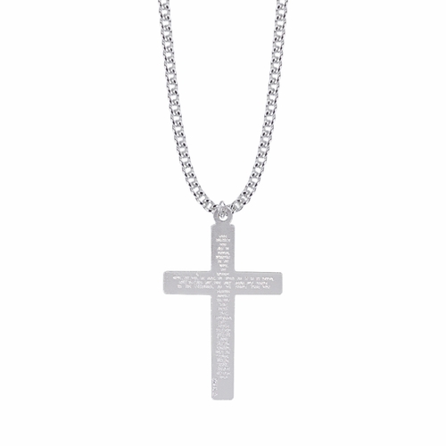 1-3/4 Inch Sterling Silver Cross Necklace with Our Father Prayer on Back