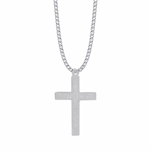 1-3/4 Inch Sterling Silver Plain Style with Our Father Prayer on Back Cross Necklace