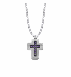 1-3/8 Inch Pewter and Purple Beaded Cross Necklace