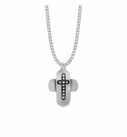 1-3/8 Inch Pewter and White Beaded Cross Necklace