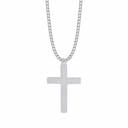 1-5/8 Inch Sterling Silver Beaded with Our Father Prayer on Back Cross Necklace
