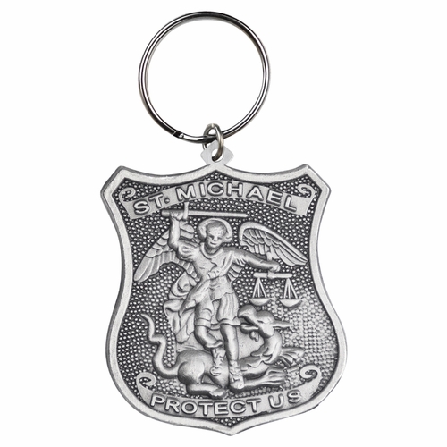 1-5/8 x 1-1/8 Inch Fine Pewter St. Michael, Patron Saint of Police Shield Key Chain