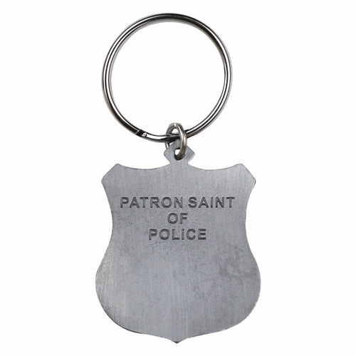1-3/4 x 1-1/8 Inch Fine Pewter St. Michael, Patron Saint of Police Shield Key Chain
