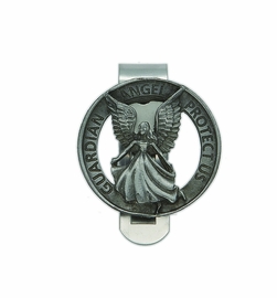 1-7/16 x 1-1/2 Inch Fine Pewter Round Guardian Angel Protect Us Visor Clip