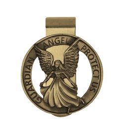 1-7/16 x 1-1/2 Inch Gold Fine Pewter Round Guardian Angel Protect Us Visor Clip