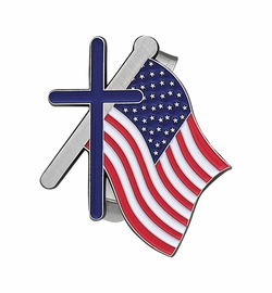 1-7/8 x 1-17/8 Inch Fine Pewter and Enameled American Flag with Cross Visor Clip