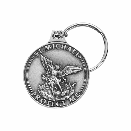 1-7/8 x 1-5/8 Inch Pewter Round St. Michael Navy Key Chain