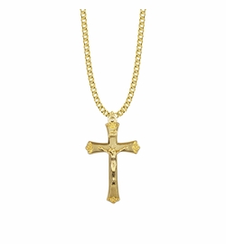 1-9/16 Inch 14KT Gold Plated Over Sterling Silver Decorative Budded Ends Crucifix Necklace