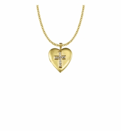 1 Inch 14KT Gold Plated Over Sterling Silver Heart Locket Necklace with Cubic Zirconia Stone Cross