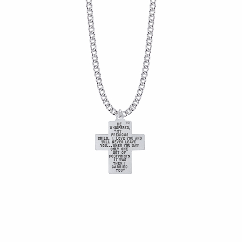 1 Inch Sterling Silver Footprints Cross Necklace with Verse on Back